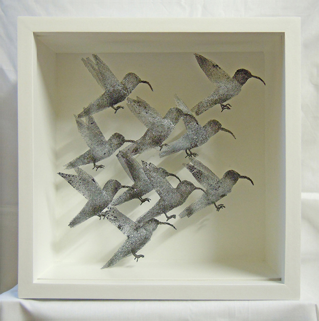 Delicate Wire Mesh Sculptures Of Birds In Boxes