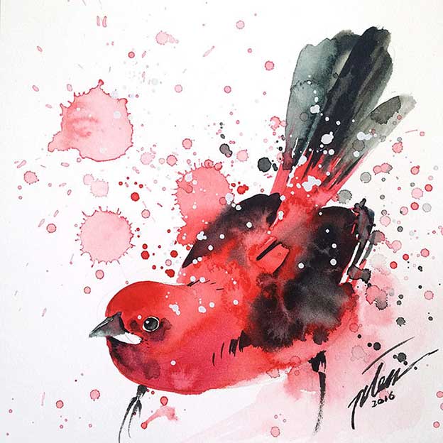 Spattered Watercolour Paintings Of Birds